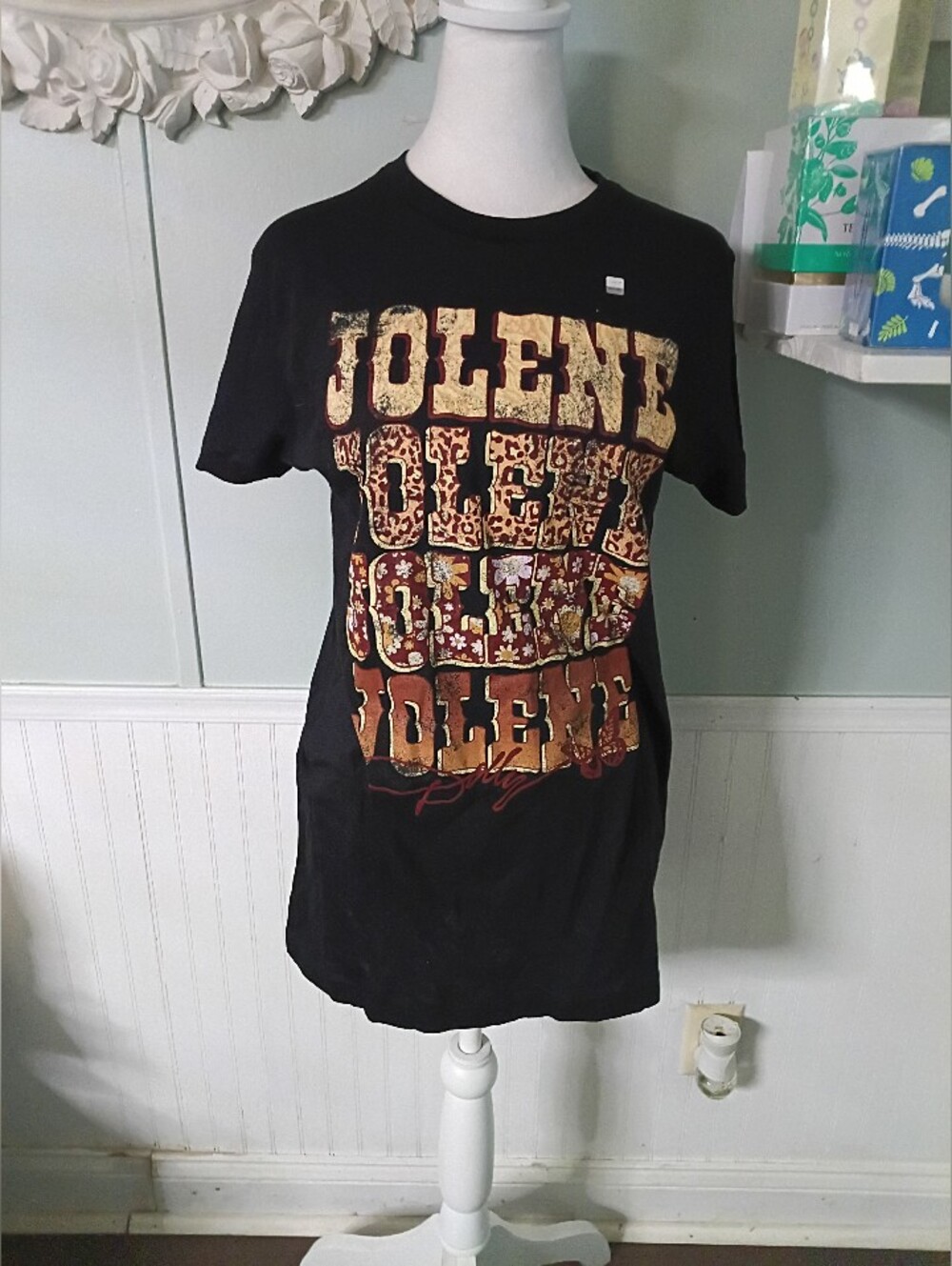 Dollcake Black Graphic Tee with Gold and Brown Print